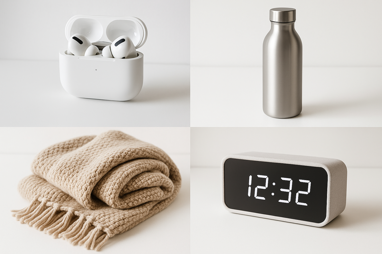 collage of trending gadgets and home essentials (wireless earbuds, cozy throw, water bottle, smart clock).
