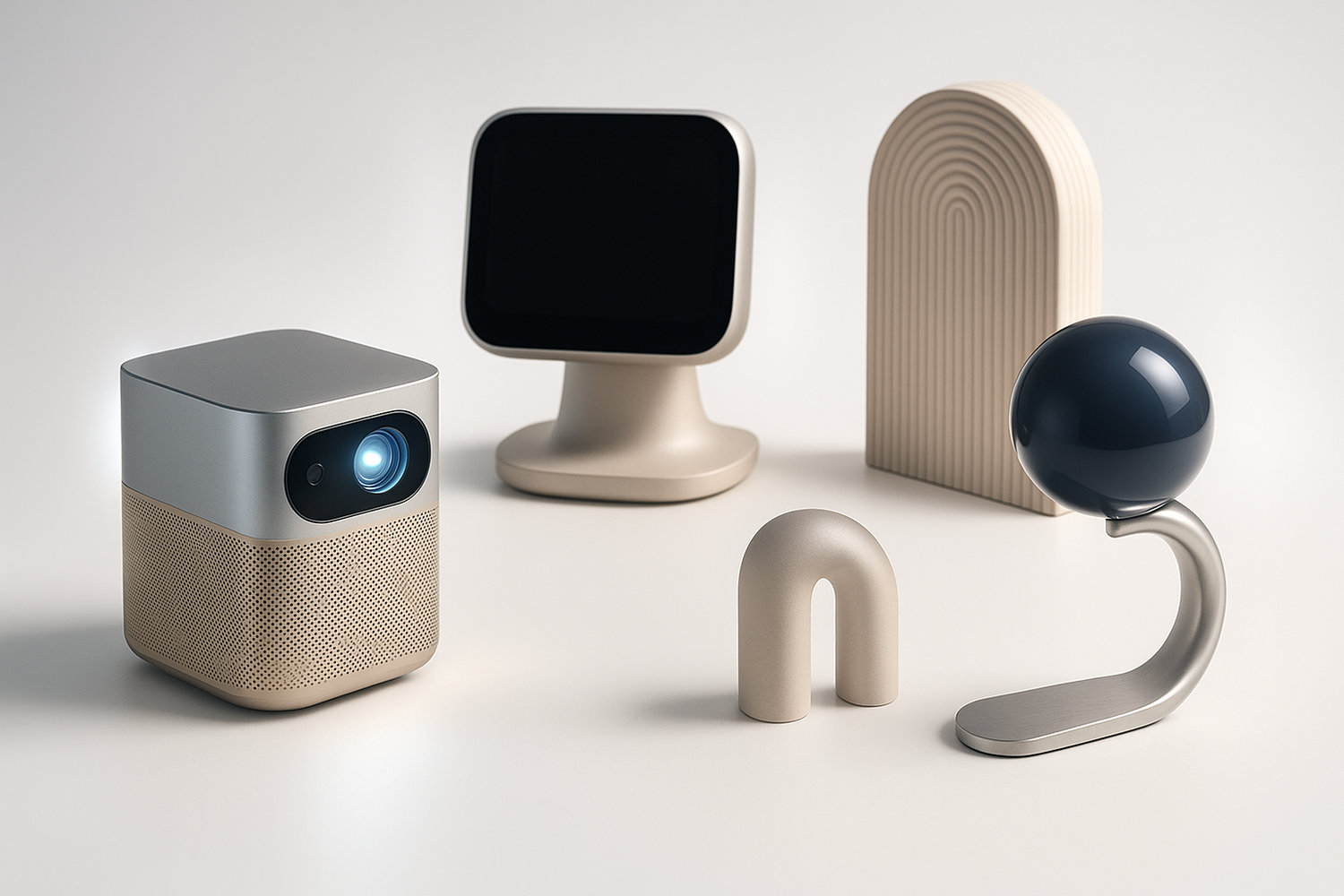 futuristic, stylish products (portable mini projector, smart home device, modern decor) highlighted with a soft glow.
Clean white background with subtle shadows, neutral colors (beige, silver, navy accents), spacious design, room for text overlay.”