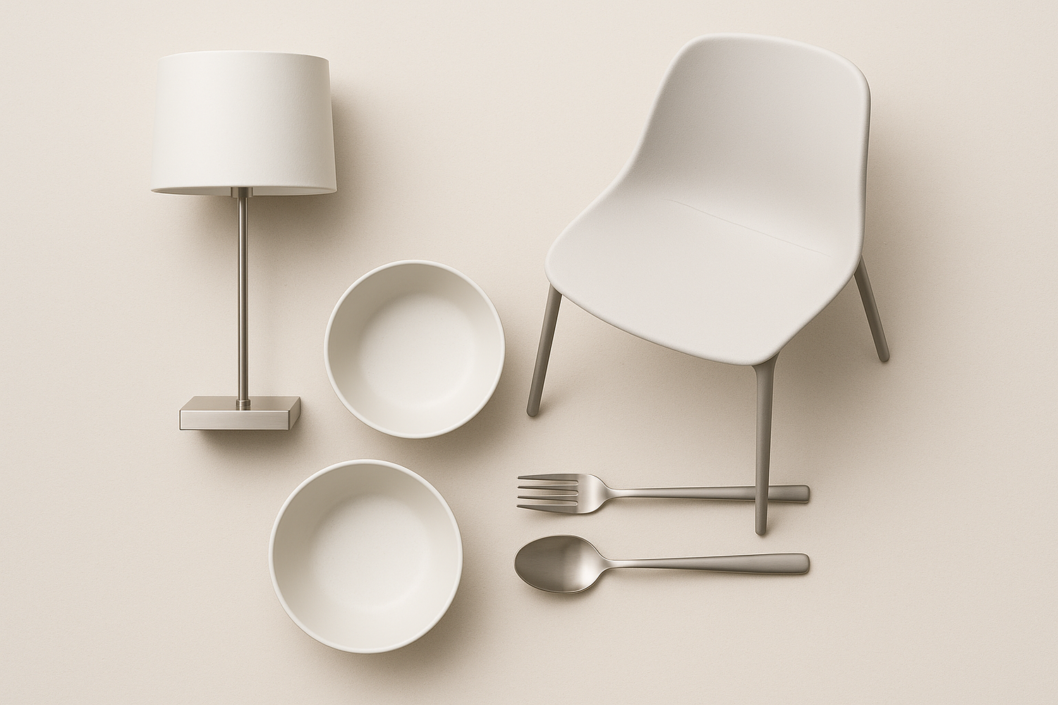 Quality You Can Trust: abstract flat-lay of premium-looking items (sleek lamp, modern chair, elegant kitchenware) arranged neatly.
